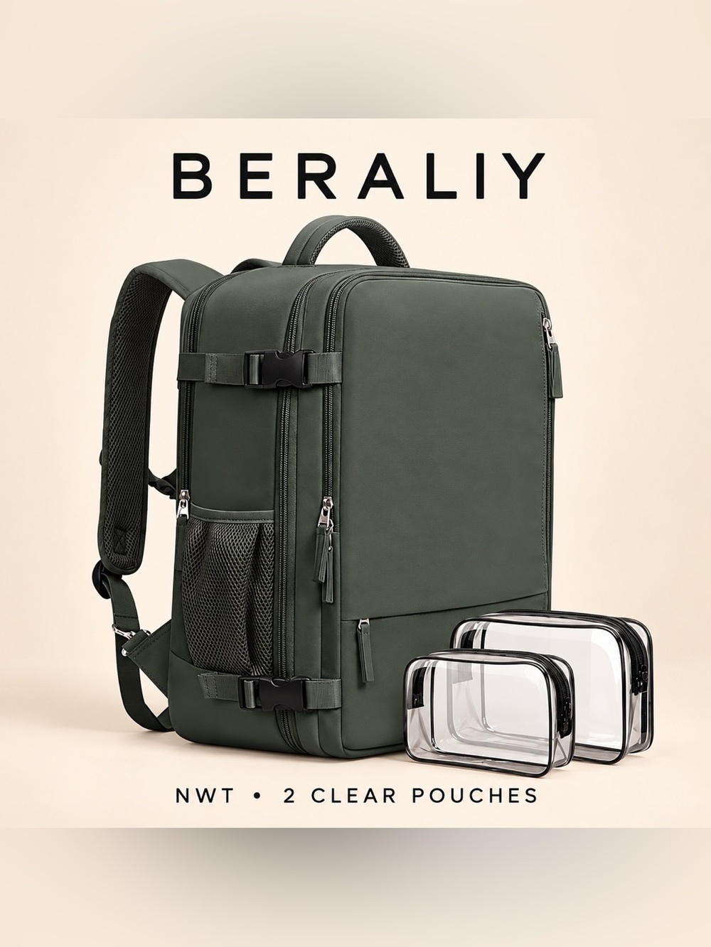 Beraliy Olive Green Travel Backpack with 2 Clear Pouches